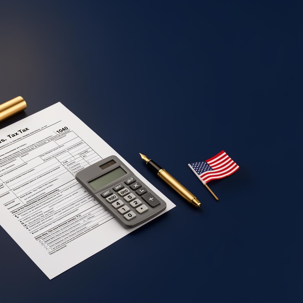 US tax filing documents, calculator and fountain pen on a navy desk